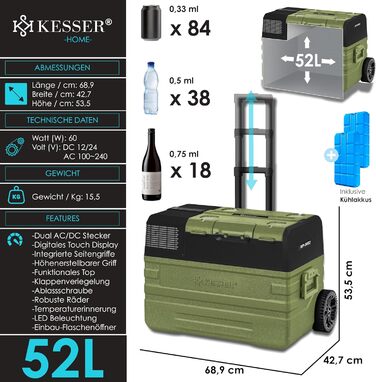 Автомобільний компресорний холодильник KESSER 42L з Wi-Fi, 12/24/230V, до -20°C, з колесами та телескопічною ручкою для кемпінгу, фургонів, вантажівок + 2 акумулятори холоду (52л, Хакі)