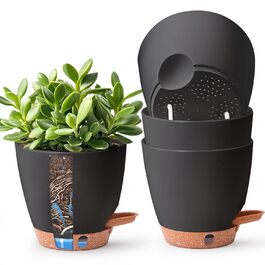 Набір 4 самополивні горщики T4U 15 см з індикатором рівня води, для дому та саду, чорний