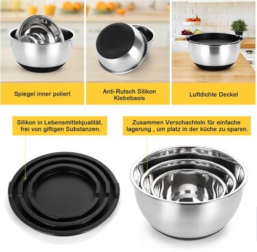 Набір мисок з нержавіючої сталі, 7 шт. з кришкою, тертки, для випічки та зберігання, складна конструкція, миюча в посудомийній машині (0,63/1/1,5/2/3/4/5 QT)