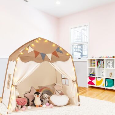 Дитяче намет-будиночок HOMASIS для гри в приміщенні, з 20 зірками, 12 стрічками, килимком, 2 вікнами та шторами, для дівчаток та хлопчиків (колір: коричневий)