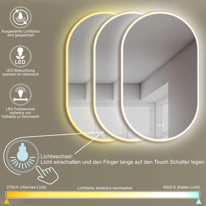 Дзеркало для ванної кімнати HOKO круглої форми 80 см з підсвічуванням, антизапарюванням, рамкою, сенсорним вимикачем, функцією пам'яті та регулюванням кольору світла (2700-6500K) - тепле, холодне, нейтральне світло (75 x 45 см, золотий овал)
