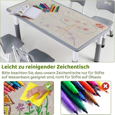 Дитячий стіл MAMIZO з 4 стільцями, регульована висота, набір для дитячої кімнати/садка, пластикові меблі, сірий, 60 x 120 см