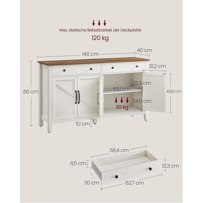Шафа VASAGLE для кухні, комод з шухлядами, шафа для зберігання з дверцятами, регульована полиця, стиль кантрі, для вітальні, кухні, їдальні, 40 x 140 x 80 см, вінтажний білий + медовий колір BBK381W02