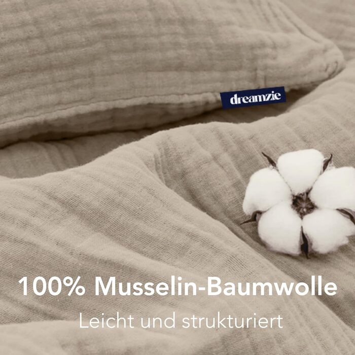 Набір постільної білизни Dreamzie з мусліну 135x200 см, 100% бавовна (4 шт.) – 2 наволочки 80x80 см, 2 наволочки 80x80 см, закривається на блискавку, сертифікат Oeko-Tex, колір: тауп