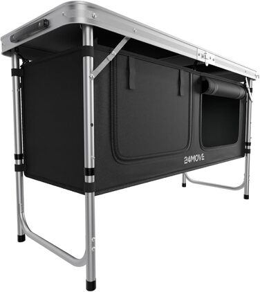 Складана туристична кухня 24MOVE® з регульованою висотою, з робочою поверхнею та відсіками для зберігання, чорна
