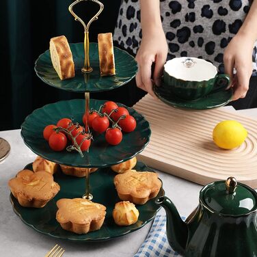 Стійка для тістечок Sweejar Home з кераміки, 3 яруси, для весілля, десертів, тістечок, чаювання, сервірування їжі (Смарагдовий)