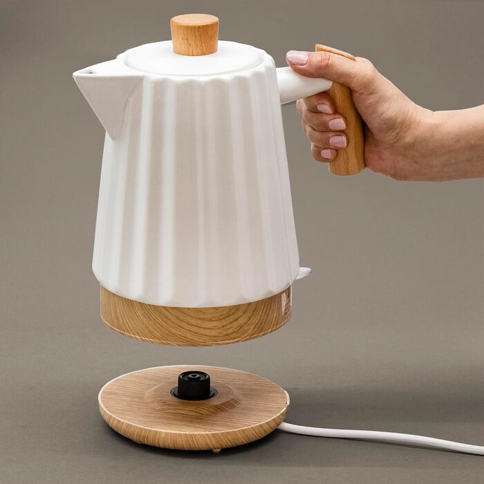 Керамічний чайник 1,7L білий з дерев'яною ручкою та кришкою, поворотний на 360°, LED-індикатор, харчовий силікон, BPA-Free, 1500W, ретро дизайн, довговічний та стильний – модель ALLEGRO