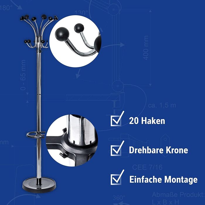 Підвісна шафа-органайзер MAUL Nebula з 20 гачками та тримачем для парасольки, срібно-чорний колір