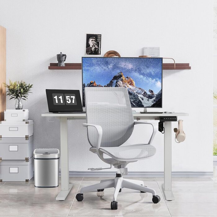 Електричний регульований стіл Pachira 120x60 см з пам'яттю та LED-дисплеєм, з гачками та кабелеуправлінням, ергономічний для дому/офісу, білий