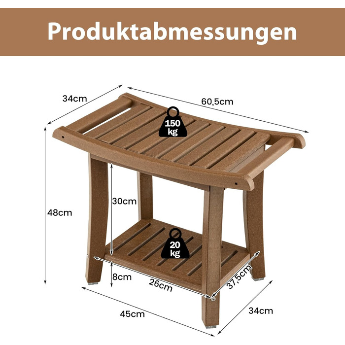 Двомісна лавка для душу Costway з полицею, 170 кг, 60.5 x 34 x 48 см (колір кавовий)