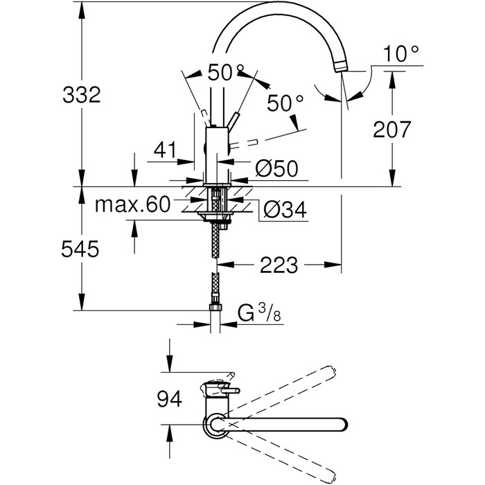 Змішувач для раковини з одним важелем (C-подібний вилив, діапазон повороту на 360, гнучке підключення, включаючи монтажний інструмент), хромований 31553001 хромований змішувач для кухні