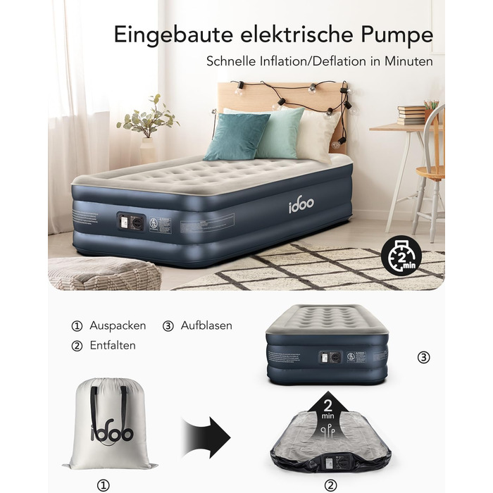 Надувний матрац iDOO самонадувний, 2 персони, з електричним насосом, для кемпінгу, 152x203x46 см, 295 кг