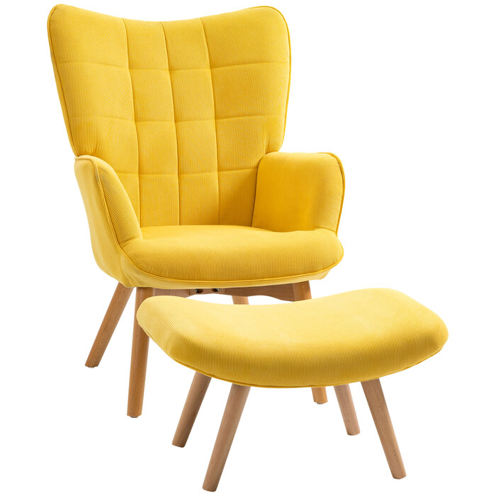 Крісло для відпочинку HOMCOM Recliner Крісло-крило з табуретом жовтого кольору, крісло з дерев'яними ніжками, вельвет Look для зручного сидіння