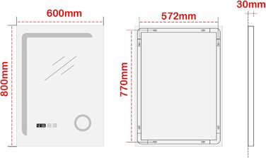 Дзеркало для ванної кімнати pro.tec LED Chambave з підсвічуванням, 3 кольори світла, вертикальне, для макіяжу, прямокутне, 60 x 80 см, срібне, антизапарююче, з лупою та годинником