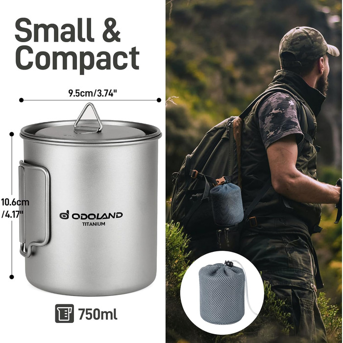 Набір посуду для кемпінгу Odoland з титану: кружка 420мл/750мл, горнятко з кришкою та ложкою, складаний ручка для кемпінгу, походів, подорожей