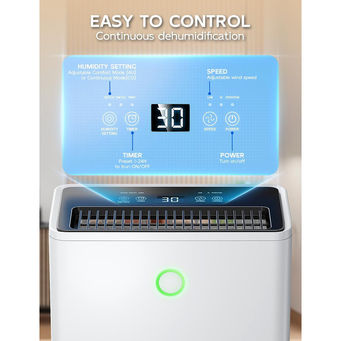 Електричний осушувач повітря 12л/24г з автоматичним та безперервним зливом (шланг у комплекті), для спалень та підвалів, LED-дисплей, тихий, з таймером