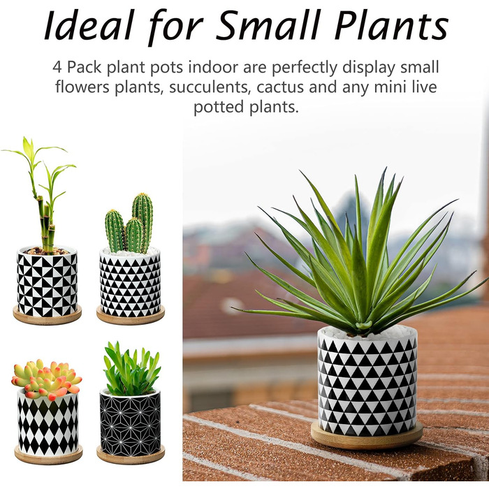 4 шт. горщики для сукулентів Coolty, кераміка, 7 см, міні-кактуси, геометричний дизайн, з підставкою та бамбуковим піддоном для декору