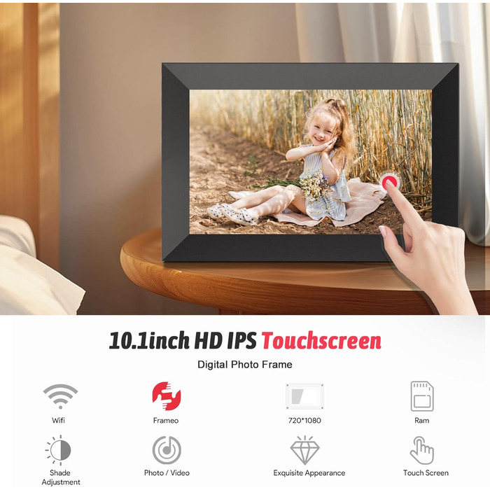 Цифровий фоторамка 10.1 дюйма з Wi-Fi, IPS-екраном та 32GB пам'яті | Frameo App, дистанційне керування зі смартфона, календар, погода