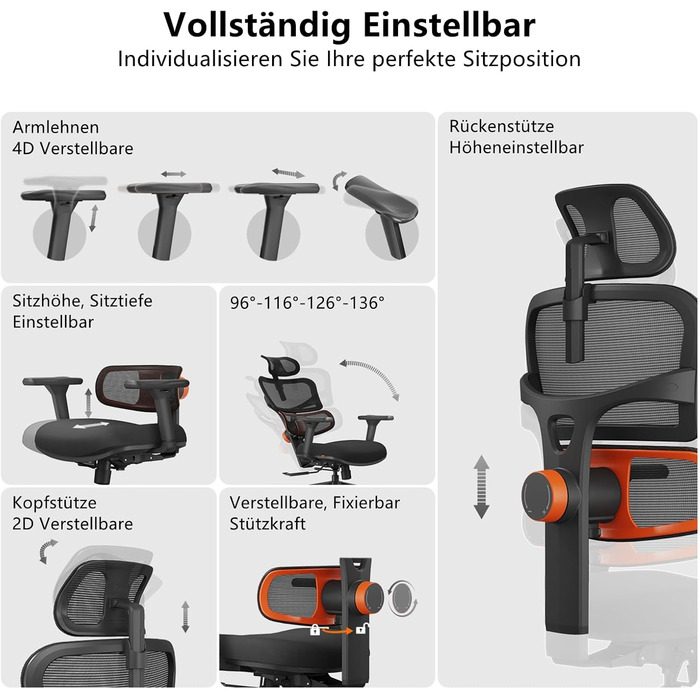 Офісне крісло Newtral NT001: ергономічне, регульована підголівник та підлокітники, 150 кг, чорний