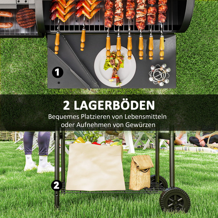 Сталевий вугільний гриль Outsunny BBQ Smoker з кришкою, термометром, колесами, полицею, рухомий гриль-візок з регулюванням подачі повітря, вугільний кошик, вугільний гриль для барбекю, кемпінгу, саду 109x60x120 см | Aosom