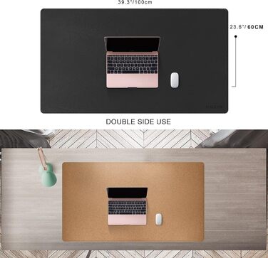 Килимок для столу MAIDERN XXL 100x60 см — двосторонній підкладник зі шкіри та корка, водонепроникний килимок для миші для офісу, дому та геймінгу, чорний