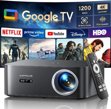 Beamer 4K для дому з Google TV, 1200 ANSI, Netflix, FHD 1080p, автофокус, корекція трапеції, 20W, WiFi6, Bluetooth, для вулиці, чорний