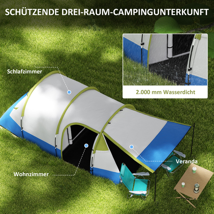Outsunny Camping Tent, Тунельний намет для 3 осіб, з легким гачком, тент, 2 кімнати, вітрозахисний сімейний намет із сумкою для перенесення, 2000 мм водовідштовхувальний висувний намет для кемпінгу, саду, зелені