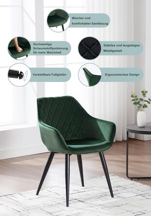 Набір з 2 стільців Woltu Esszimmerstühle: м'які крісла з підлокітниками для кухні, вітальні, обідньої кімнати, зелений велюр, металеві ніжки