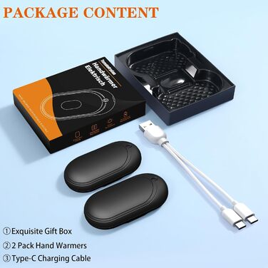 Електричний нагрівач для рук, перезарядна пара, 6000mAh, USB-кабель, 3 режими нагріву, 20 годин тепла, для активного відпочинку взимку, чорний