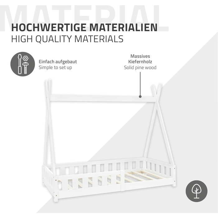 Дерев'яне ліжко-будиночок Tipi ML-Design для дітей 80x160 см з бар'єром та ламелями, з захистом від падіння, з сосни, для дівчаток та хлопчиків, ліжко-намет, індіанське ліжко