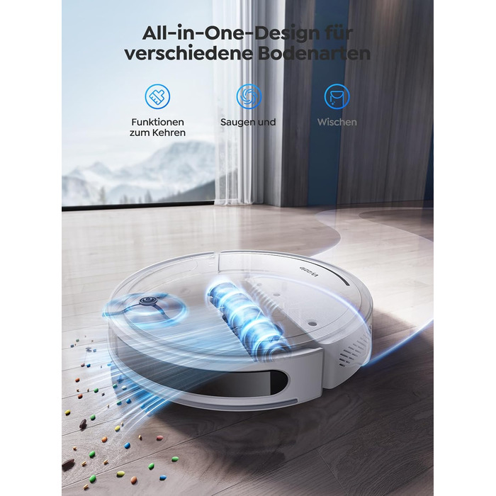 Робот-пилосос Vyzzle 5000Pa з функцією миття, LDS-навігація, D10, керування через додаток/Alexa, для шерсті тварин, килима, твердих підлог, білий