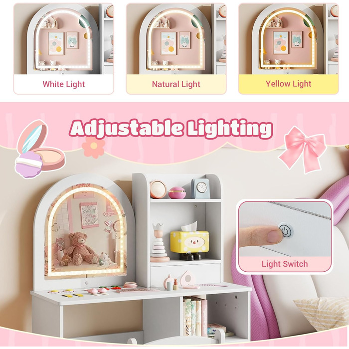 Дитячий туалетний столик LIFEZEAL 2 в 1 з дзеркалом та пуфом, з шухлядою, для дівчаток від 3 років (білий)