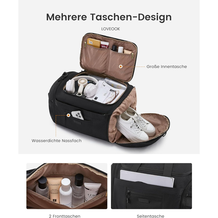 Спортивна сумка LOVEVOOK для жінок та чоловіків, велика сумка для тренувань та подорожей, 45L, з відділенням для взуття та мокрих речей, водонепроникна, з функцією рюкзака, чорна (51x28x32 см)