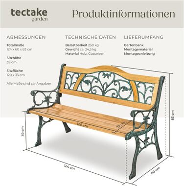 Тектайк (tectake) лавка для саду на 2 особи, дерев'яна, в стилі кантрі, 119,5 x 62 x 83 см, 'Міхаела'
