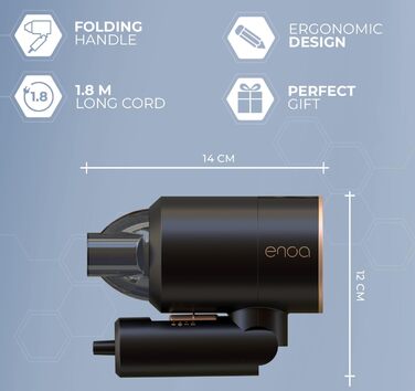 Складаний дорожній фен ENOA X4, компактний, потужний, двигун 1100 Вт, складна ручка, 3 режими швидкості, швидке сушіння, тихий, легкий, низьке споживання
