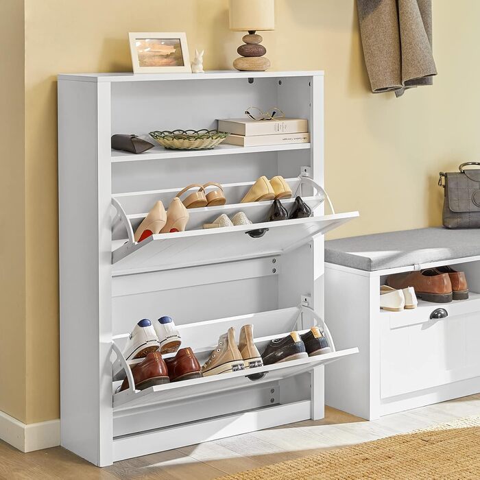 SoBuy FSR87-BR Взуттєва шафа з 2 дверцятами, вузька, з 4 полицями, з додатковою нішею (білий, 80x110x24 см)