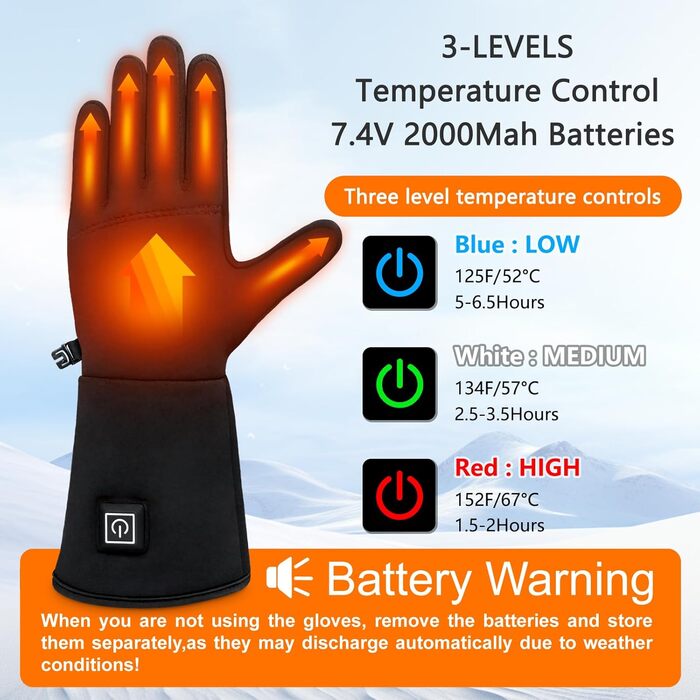 Електричні гріючі рукавички для жінок та чоловіків, USB, 3 режими нагріву, сенсорний екран, водонепроникні, чорні (XL/XXL)