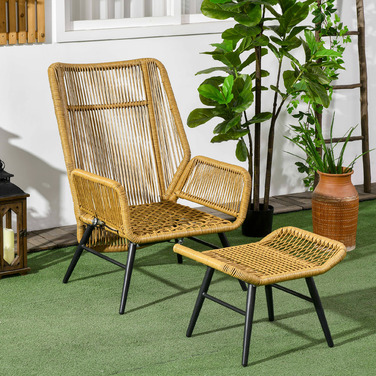 Крісло та пуф Outsunny з ротангу Polyrattan, регульована спинка, світло-коричневий/сірий/чорний