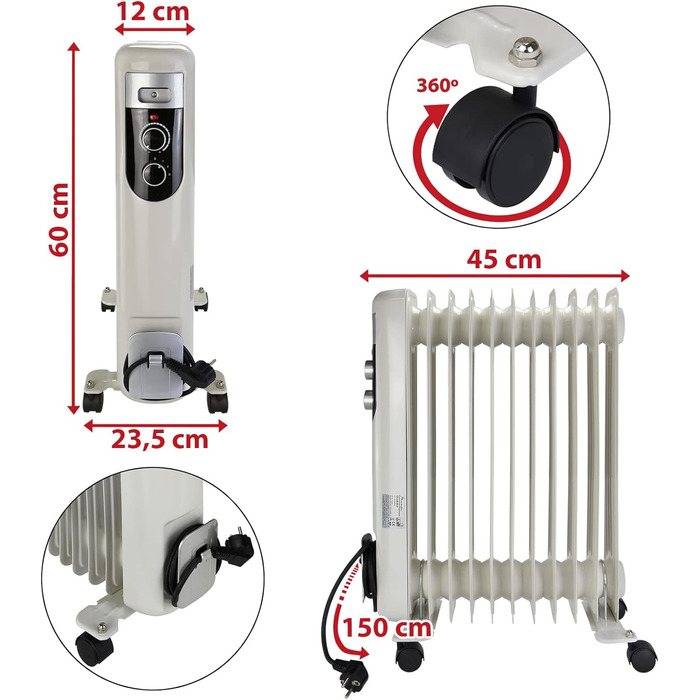 Електричний обігрівач Montafox Масляний радіатор 11 ребер 2500 Вт 3 рівня тепла Електричний радіатор для приміщень площею до 50 м Енергозберігаючий термостат Захист від перегріву
