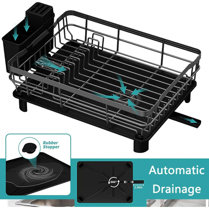 Сушарка для посуду JOUING з тримачем для столових приборів, піддон для крапель, металева полиця для посуду, сірий