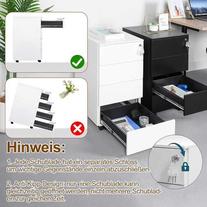 Роликовий контейнер HOMSTEEL з замком, 4 ключі, 4 шухляди, металевий шафа, готовий до збирання, для офісу, домашнього офісу, білий (44T x 37B x 69.5H cm)