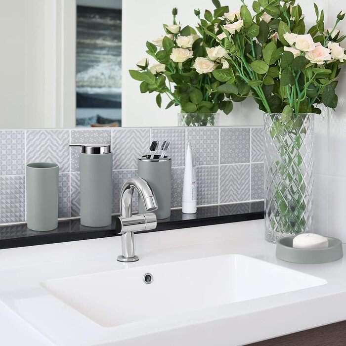 Набір аксесуарів для ванної кімнати 6tlg Badset: мильниця, стакан для зубних щіток, відро для косметики, щітка для унітазу та тримач, мильниця, сміттєвий бак, тримач для зубних щіток (Сірий, дизайн 2a)