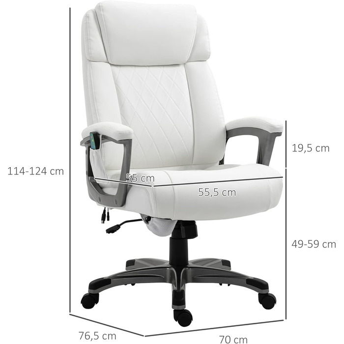 Крісло офісне з масажем Vinsetto - ергономічне, регульоване, з штучної шкіри, біле (70x76,5x114-124 см)