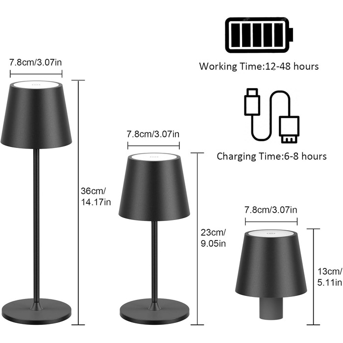 LED настільна лампа Coinmit 2 шт., бездротова, диммування, 3000K, 5000mAh, IP54, регульована висота, для дому та вулиці, чорна