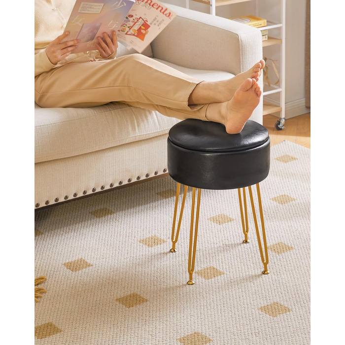 Пуф-табуретка IBUYKE з велюру, круглої форми, з м'якою оббивкою, на золотих металевих ніжках, чорного кольору, з PU-підсидінням для зберігання, модель L/G-30P