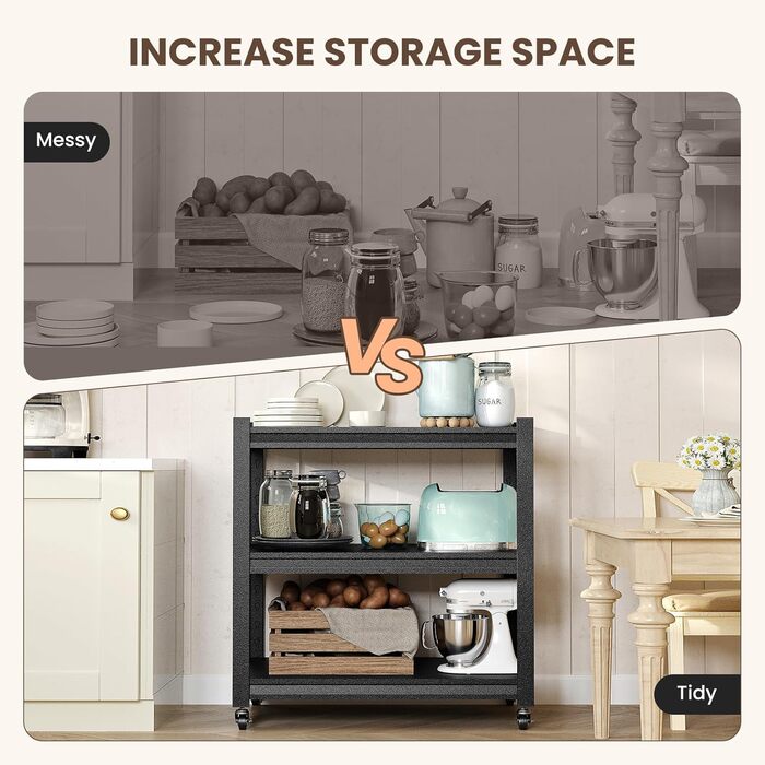 Металевий стелаж для кухні 80x86x45 см на коліщатках, чорний. Підходить для мікрохвильовки, інструментів, ванної кімнати та підвалу.