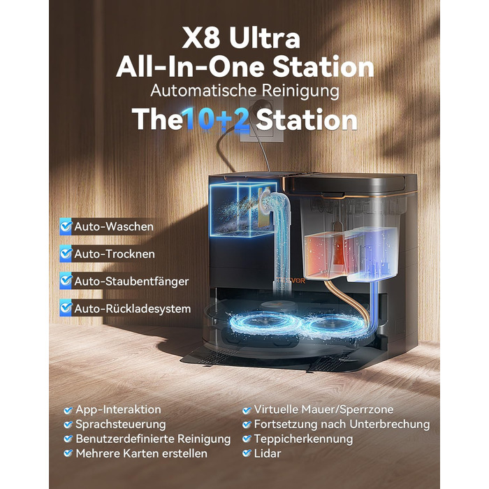 Робот-пилосос Tesvor S8 Pro з функцією миття - 8000Pa, 3в1, LiDAR-навігація, 240 хв роботи, керування через додаток/Alexa, для шерсті тварин, килимів та твердих підлог