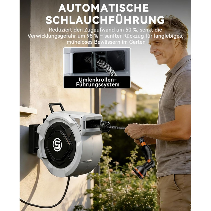 Шланговий барабан SUNPOW настінний 30м, 16 мм - автоматичний згортач з фіксацією, поворотна стіна, 10 функцій для саду, тераси та двору