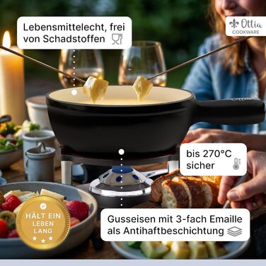 Набір для фондю Ottia з чавуну та емалі на 2-6 осіб: сирне, м'ясне, шоколадне фондю. Підходить для індукційних плит, безпечний, з пальником, виделкою та рецептами (Чорний)