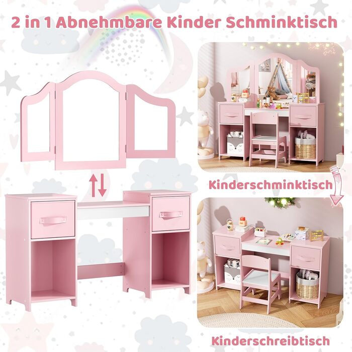 Дитячий туалетний столик MAMIZO 2 в 1 з дзеркалом та пуфом, рожево-білий (108x30x114 см)